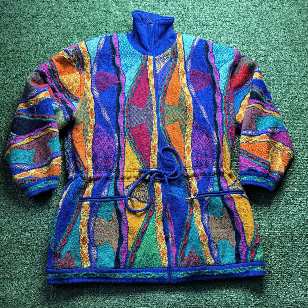 AUTH Coogi Zip Sweater 80s Colorful Knit Biggie Style SZ S WMN Streetwear Funky